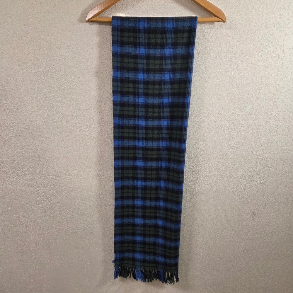 Blue Green Plaid Tartan Scarf Fringed Edge Rectangle 21x72 Winter Unisex
